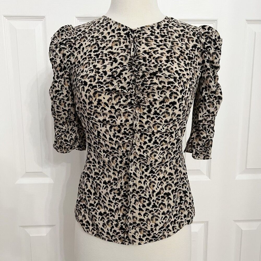 Rebecca Taylor Womens Beige Leopard Print Ruffle Silk Top Blouse Size XS